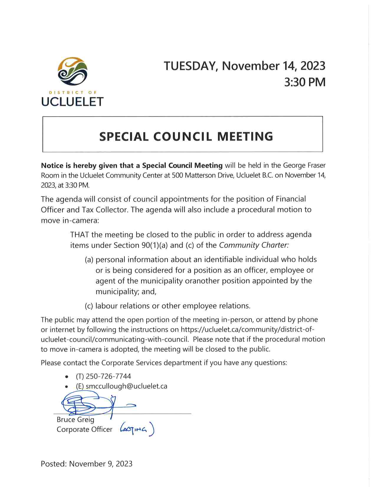 2023 11 14 Special Meeting Notice Signed