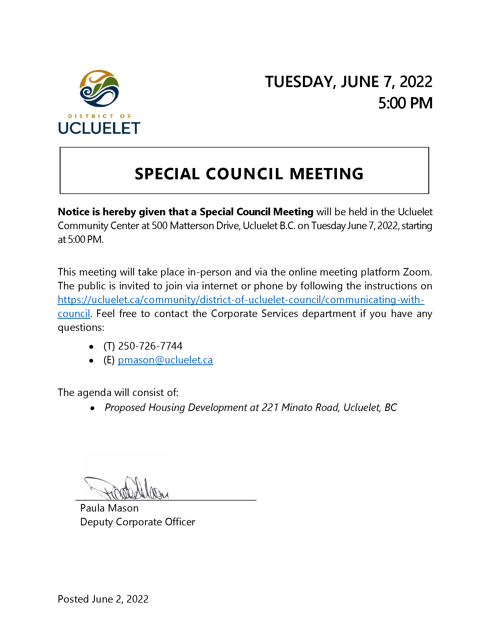 2022 06 07 Special Meeting Notice