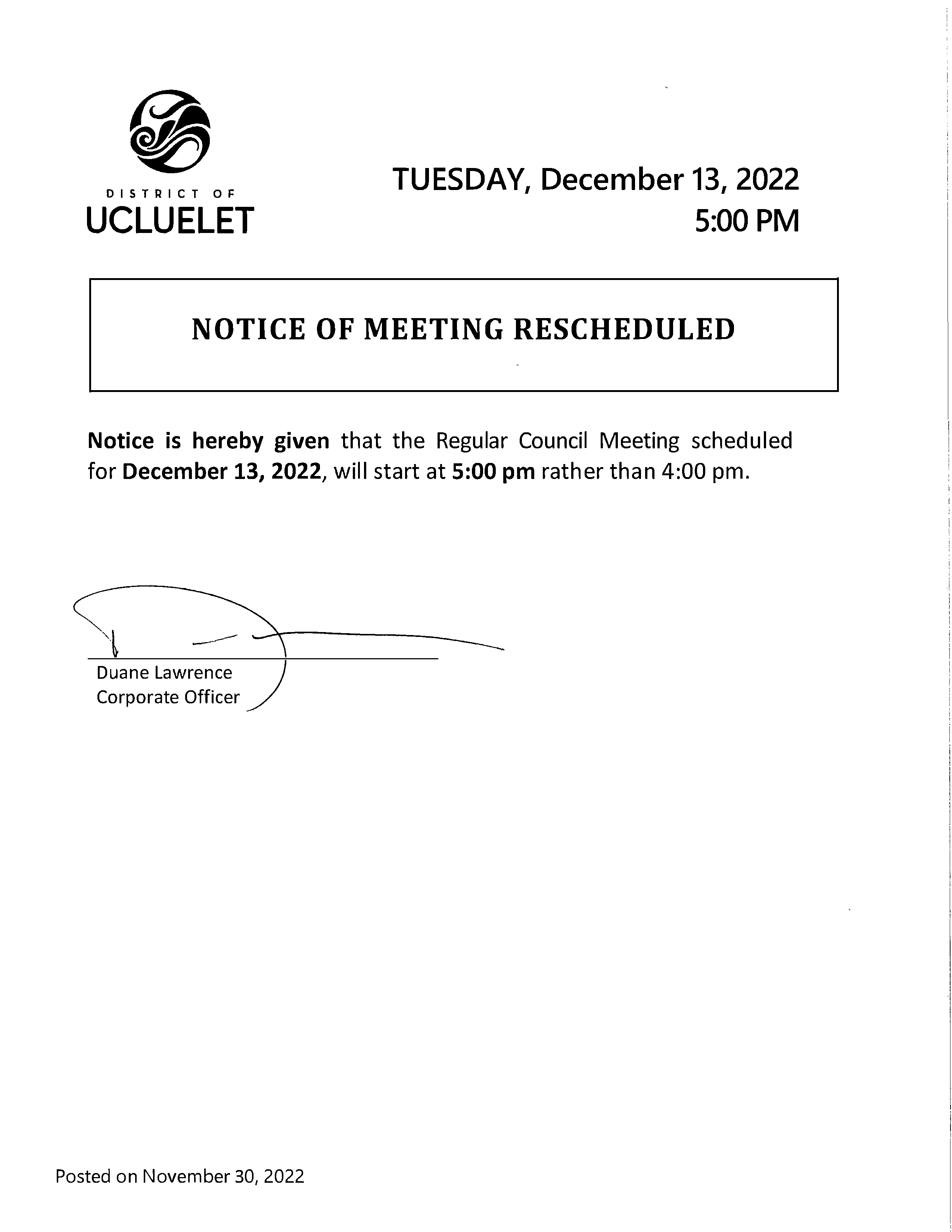 2022 11 30 Notice of Meeting Rescheduled