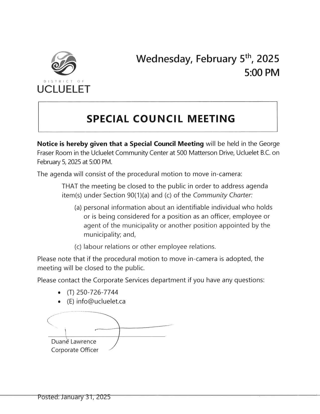 2025 02 05 Special Meeting Notice