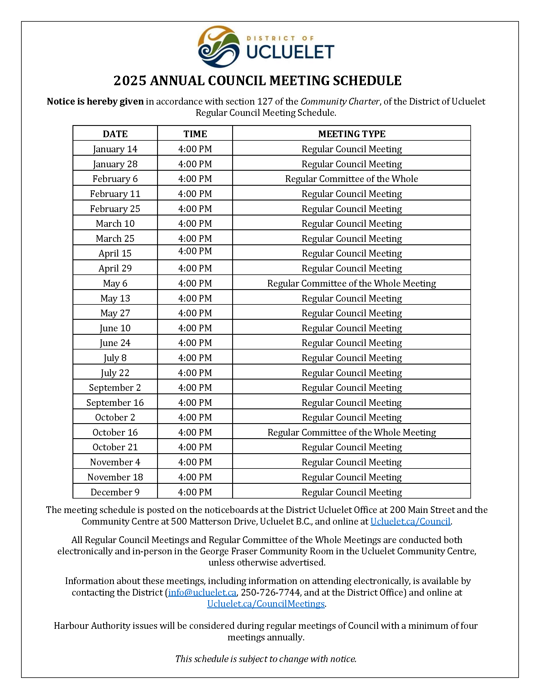 2025 Annual Council Schedule