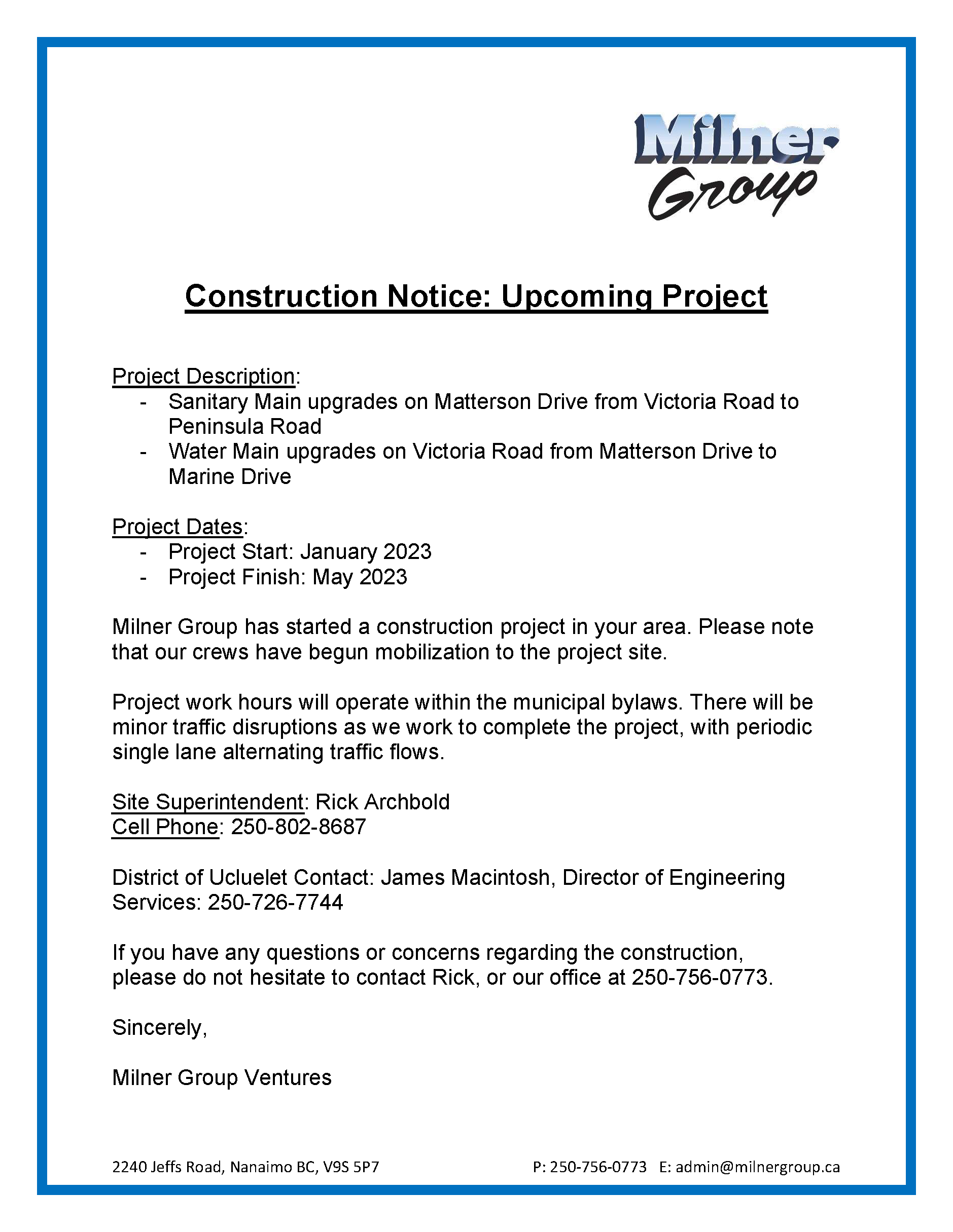 Construction Notice to Residents Ucluelet LOT 16 