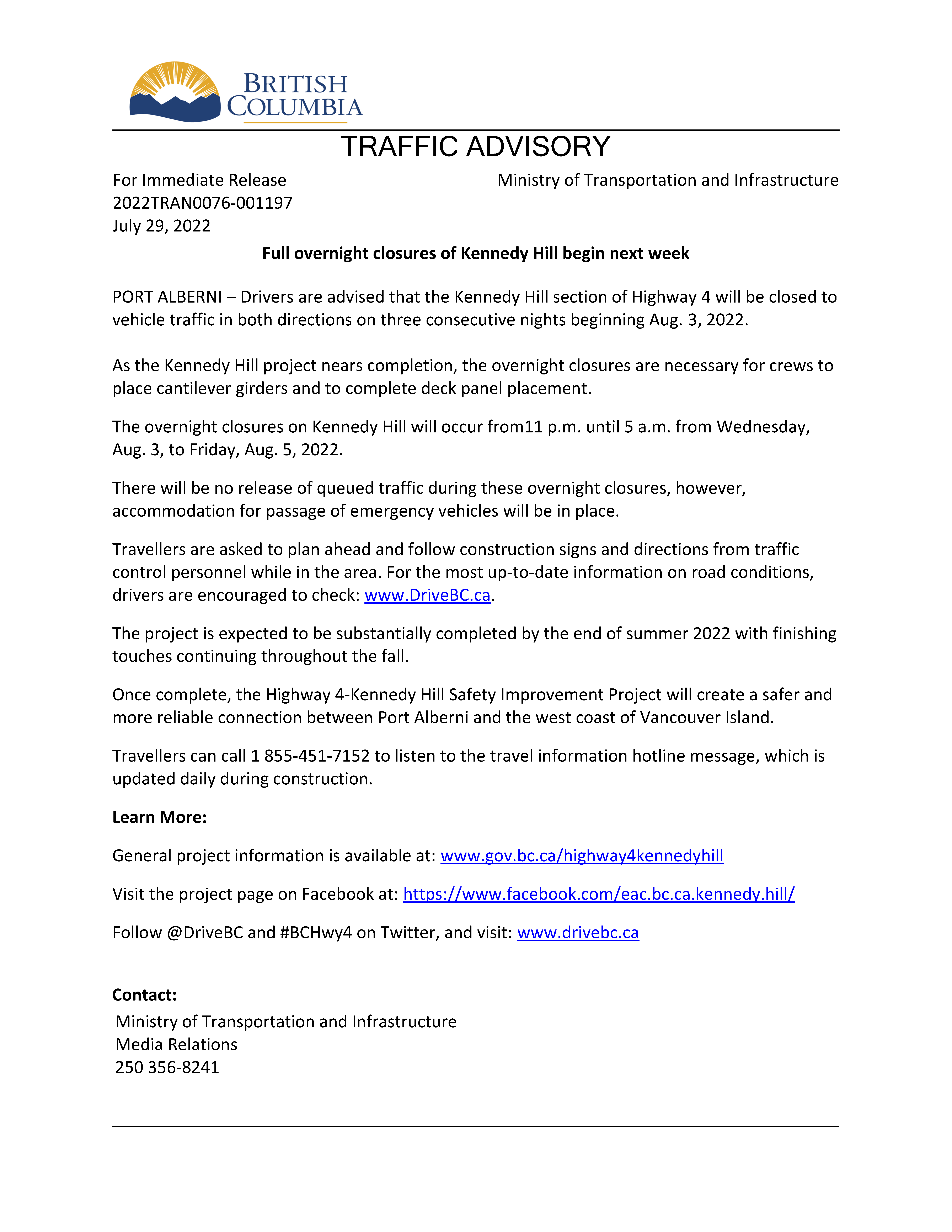 FINAL TA Full overnight closures of Kennedy Hill begin next week Page 1