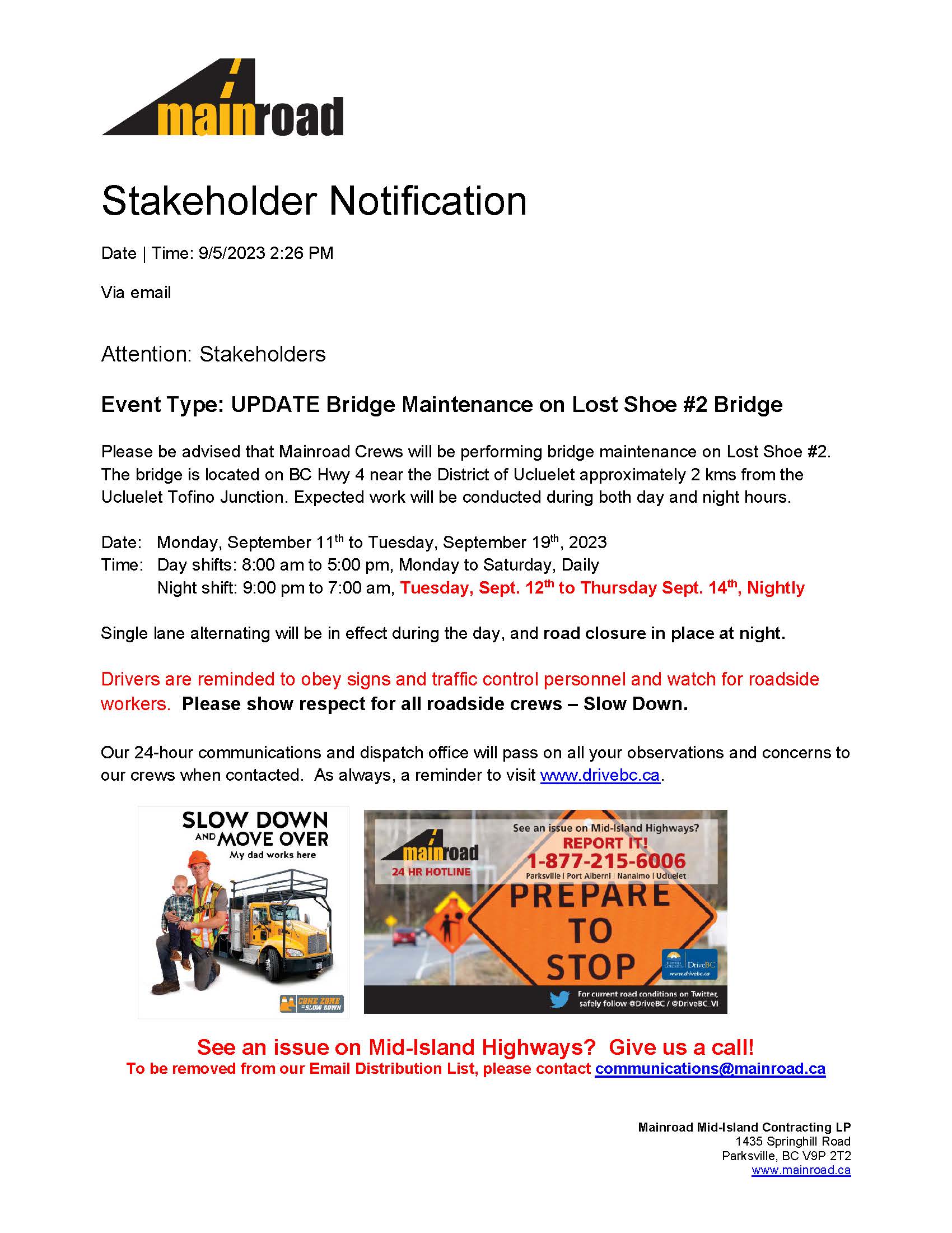 Notice Bridge Maintenance on Lost Shoe Bridge Road Closures