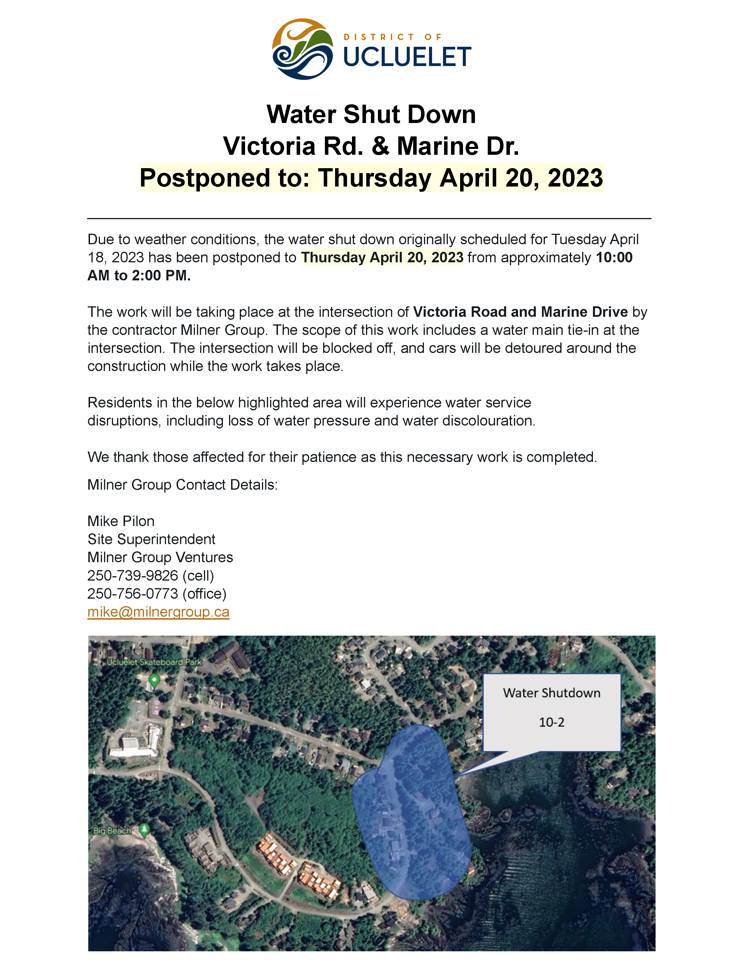 Water Shut Down Thursday April 20 2023 Community Notice